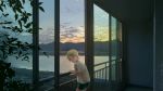  blonde_hair blue_eyes blue_sky casual commentary dated english_commentary from_behind gremyashchy_(greythorn032) greythorn032 highres looking_at_viewer looking_back original personification plant scenery shorts sky smile solo sunset window world_of_warships 
