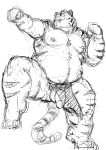  2013 barazoku black_and_white blush clothing feline flaccid front_view full_portrait humanoid_penis kemono kotobuki loincloth male mammal monochrome muscular obese overweight penis pose simple_background sketch solo tiger white_background 