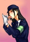  1girl black_hair blue_clothes breasts brown_eyes censored cum cum_in_mouth delta_zone disembodied_penis fellatio gloves gradient gradient_background half-closed_eyes hat highres lips long_hair looking_away medium_breasts mosaic_censoring oral original penis police police_uniform policewoman red_lips saliva simple_background solo_focus upper_body white_gloves 