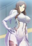  bodysuit breasts brown_hair cameltoe commentary_request covered_navel covered_nipples cowboy_shot darling_in_the_franxx eyebrows_visible_through_hair green_eyes hand_on_hip indoors large_breasts long_hair nana_(darling_in_the_franxx) nandz pilot_suit skin_tight standing wavy_hair white_bodysuit younger 
