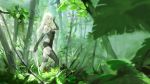  android arm_up armlet black_gloves black_shorts branch elbow_gloves forest gloves highres holding holding_sword holding_weapon jungle leaf long_hair looking_at_viewer nature nier_(series) nier_automata outdoors pink_lips robot_joints san_tez short_shorts shorts silver_hair sunlight sword tank_top thighhighs tree walking weapon yorha_type_a_no._2 