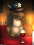  2018 absurd_res alcohol angels_with_scaly_wings anthro beverage blush candle dragon half-closed_eyes hand_on_table hat hi_res inside police_hat scalie sebastian_(awsw) signature solo table wine winick-lim 