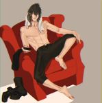  1boy barefoot black_eyes black_hair black_pants boots_removed controller couch final_fantasy final_fantasy_xv jacket jacket_removed looking_at_viewer mad369 male_focus noctis_lucis_caelum pants remote_control sitting towel towel_around_neck 