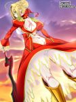  absurdres aestus_estus ahoge armored_boots arsenal artist_name ass back back_cutout blonde_hair boots braid breasts cloud dress epaulettes evening eyebrows_visible_through_hair fate/extra fate/grand_order fate_(series) french_braid from_behind from_below green_eyes hair_between_eyes hair_bun hair_intakes hair_ribbon highres juliet_sleeves kneepits large_breasts leotard long_sleeves looking_at_viewer looking_back nero_claudius_(fate) nero_claudius_(fate)_(all) puffy_long_sleeves puffy_sleeves red_dress red_ribbon ribbon see-through sideboob sky smile solo sword thong weapon white_leotard wind wind_lift 