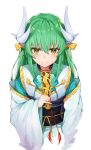  black_cola detached_sleeves fan fate/grand_order fate_(series) green_eyes green_hair highres holding holding_fan horns japanese_clothes kimono kiyohime_(fate/grand_order) long_hair long_sleeves looking_at_viewer simple_background solo white_background 