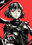  absurdres black_clothes black_hair black_scarf copyright_name highres looking_away niijima_makoto persona persona_5 red_background red_eyes scarf short_hair signature sketch solo upper_body vaeedo 