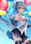  :d balloon bangs bare_shoulders between_breasts black_legwear black_skirt blue_eyes blue_sky blush breasts cloud commentary_request day detached_sleeves eyebrows_visible_through_hair fingernails green_hair green_nails green_neckwear hair_between_eyes hair_ornament hatsune_miku headphones holding holding_balloon long_hair long_sleeves looking_at_viewer medium_breasts nail_polish necktie necktie_between_breasts open_mouth outdoors pleated_skirt see-through shiomizu_(swat) shirt sidelocks skirt sky sleeveless sleeveless_shirt sleeves_past_wrists smile solo thighhighs very_long_hair vocaloid white_shirt 