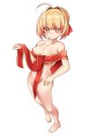 absurdres ahoge blonde_hair braid breasts cleavage closed_mouth commentary_request eyebrows_visible_through_hair fate/extra fate_(series) french_braid full_body green_eyes hair_ribbon highres looking_at_viewer medium_breasts myuan_(muumworks) naked_ribbon navel nero_claudius_(fate) nero_claudius_(fate)_(all) nude red_ribbon ribbon short_hair simple_background smile solo standing white_background 