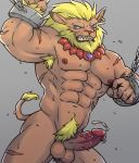  abs anthro armpit_hair balls blonde_hair blue_eyes bound claws clenched_teeth digimon ear_piercing erection feline hair humanoid_penis leomon male mammal mane muscular muscular_male nipples nude pecs penis piercing precum pubes shackles solo sunspotfish sweat teeth 