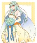  adricarra bare_shoulders blue_hair bouquet bridal_veil bride cape commentary dress elbow_gloves fire_emblem fire_emblem:_rekka_no_ken fire_emblem_heroes flower gloves hair_flower hair_ornament highres jewelry long_hair looking_at_viewer mamkute ninian red_eyes rose smile solo strapless strapless_dress veil wedding_dress white_dress 