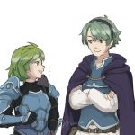  1girl alm_(fire_emblem) armor blue_eyes blush cape commentary cosplay costume_switch fire_emblem fire_emblem:_rekka_no_ken fire_emblem_echoes:_mou_hitori_no_eiyuuou fire_emblem_heroes gloves green_eyes green_hair hair_ornament hairband headband highres kkonisa nino_(fire_emblem) open_mouth purple_hairband short_hair skirt smile sword weapon 