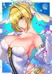  ahoge bare_shoulders belt blonde_hair blue_background breasts bridal_veil cleavage closed_mouth collarbone commentary_request covered_nipples detached_sleeves eyebrows_visible_through_hair fate/extra fate/extra_ccc fate_(series) gloves green_eyes heart highres large_breasts looking_at_viewer nero_claudius_(bride)_(fate) nero_claudius_(fate)_(all) petals rumo short_hair smile solo upper_body veil white_gloves white_sleeves zipper 