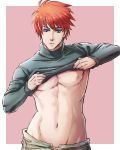  abs blue_eyes commentary eliwood_(fire_emblem) fire_emblem fire_emblem:_rekka_no_ken male_focus red_hair short_hair simple_background solo sukua55 undressing 