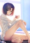  backlighting bare_legs barefoot black_eyes black_hair bottle bottomless dress_shirt feet food haagen-dazs highres ice_cream ice_cream_spoon indoors kara_no_kyoukai knee_up looking_at_viewer mouth_hold naked_shirt official_art ryougi_shiki shirt short_hair sitting soles solo spoon spoon_in_mouth takeuchi_takashi toes window 