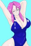  1girl alternate_costume arm_behind_head arm_up armpits blue_eyes blue_swimsuit breasts cleavage glasses hand_behind_head highleg highleg_swimsuit huge_breasts kanna_(pokemon) large_breasts one_piece_swimsuit pokemon pokemon_frlg pokemon_rby sideboob sidelocks skin_tight smile solo swimsuit wide_hips 
