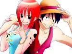  1boy 1girl black_eyes black_hair blush couple duo female hat lunami male monkey_d_luffy nami_(one_piece) one_piece orange_hair pirate short_hair smile straw_hat_pirates tattoo 