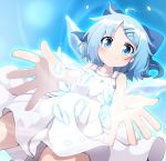  ahoge alternate_costume blue_bow blue_eyes blue_hair bow cirno collarbone commentary_request do_(4-rt) dress fang fang_out hair_bow hair_ornament hairclip highres ice ice_wings looking_at_viewer outstretched_arms short_hair sleeveless sleeveless_dress smile solo sundress touhou white_dress wings 