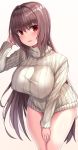  1girl bangs beeyan blush breasts fate/grand_order fate_(series) gradient gradient_background hair_between_eyes hair_intakes hand_in_hair highres hips large_breasts leaning_forward long_hair long_sleeves looking_at_viewer open_mouth purple_hair red_eyes ribbed_sweater scathach_(fate)_(all) scathach_(fate/grand_order) smile solo sweater thighs turtleneck turtleneck_sweater white_background white_sweater 