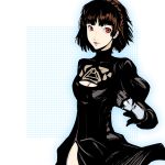  black_clothes black_gloves breasts brown_hair cleavage cleavage_cutout cosplay dh_(brink_of_memories) gloves highres limited_palette looking_at_viewer medium_breasts niijima_makoto persona persona_5 red_eyes shadow short_hair solo standing white_background yorha_no._2_type_b yorha_no._2_type_b_(cosplay) 