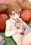  absurdres book brown_eyes brown_hair chibi fairy_(kantai_collection) food hair_tie highres kantai_collection minigirl multiple_girls okitsugu open_mouth pocky pointing reading ryuujou_(kantai_collection) smile sweater tenzan_(kantai_collection) turtleneck turtleneck_sweater twintails 