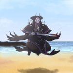  beach black_cloak blue_sky cloak day fate/grand_order fate_(series) floating holding holding_sword holding_weapon hood hooded_cloak horns king_hassan_(fate/grand_order) male_focus ocean outdoors sand skull sky solo spikes sword tomoyohi weapon 