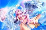  angel_wings breasts commentary_request crop_top cross feathered_wings flying gloves gradient_hair halo jibril_(no_game_no_life) long_hair low_wings magic_circle medium_breasts midriff mismatched_legwear multicolored multicolored_hair no_game_no_life one_eye_closed open_mouth pink_hair shoes single_shoe solo symbol-shaped_pupils tawawa_(kakeibo7ykwety) very_long_hair wing_ears wings yellow_eyes 