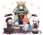  4girls ^_^ animal_ears arjuna_(fate/grand_order) atalanta_(fate) bandaged_arm bandages blonde_hair braid cat_ears cat_tail chaldea_uniform child closed_eyes commentary dagger fate/grand_order fate_(series) fujimaru_ritsuka_(female) green_eyes green_hair hair_bobbles hair_ornament hat jack_the_ripper_(fate/apocrypha) karna_(fate) knife long_hair multicolored_hair multiple_boys multiple_girls navel nm222 nursery_rhyme_(fate/extra) orange_hair outstretched_arms pink_eyes puffy_short_sleeves puffy_sleeves short_hair short_sleeves simple_background smile spread_arms table tail twin_braids two-tone_hair weapon white_background white_hair younger 