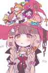  &gt;_o :&gt; :q animal_ears bat beamed_eighth_notes black_bow bow braid brown_bow brown_eyes brown_hair brown_ribbon candy candy_hair_ornament cat_ears character_doll chibi closed_mouth eyepatch fang_out food food_themed_hair_ornament futaba_anzu ghost_hair_ornament hair_bow hair_ornament hair_over_one_eye halloween halloween_costume hand_up hat hat_bow hat_ribbon hayasaka_mirei headband highres holding_lollipop idolmaster idolmaster_cinderella_girls jack-o'-lantern jack-o'-lantern_hair_ornament jougasaki_rika lollipop long_hair misumi_(macaroni) moroboshi_kirari multiple_girls musical_note ninomiya_asuka one_eye_closed pumpkin_hair_ornament red_bow ribbon shirasaka_koume short_hair sketch star star_hair_ornament striped striped_bow stuffed_animal stuffed_bunny stuffed_toy tareme tongue tongue_out twin_braids twintails witch_hat work_in_progress yellow_eyes 
