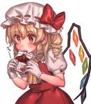  1girl ascot bangs blonde_hair blood blood_bag blush bow commentary_request cowboy_shot crystal drill_hair drill_locks drinking eyebrows_visible_through_hair flandre_scarlet frilled_shirt_collar frills gloves hair_between_eyes hat hat_bow highres holding masanaga_(tsukasa) mob_cap one_side_up pointy_ears puffy_short_sleeves puffy_sleeves red_bow red_eyes red_skirt red_vest shirt short_hair short_sleeves simple_background skirt skirt_set solo touhou translation_request vest white_background white_gloves white_hat white_shirt wings yellow_neckwear 
