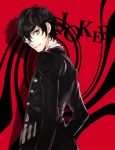  black_clothes black_hair grey_eyes head_tilt highres kujou_negita looking_at_viewer monocle parted_lips persona persona_5 red_background smile 