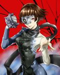  black_scarf bodysuit brown_hair floating_hair gloves highres holding holding_weapon kamui_sathi looking_at_viewer mask niijima_makoto persona persona_5 red_background red_eyes scarf shirt short_hair solo transforming_clothes weapon white_gloves white_shirt 