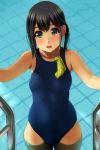  :d aqua_eyes bangs black_hair blush breasts collarbone eyebrows_visible_through_hair highres in_swimsuit long_hair looking_at_viewer matsunaga_kouyou new_school_swimsuit one-piece_swimsuit open_mouth original ponytail pool pool_ladder school_swimsuit small_breasts smile solo swim_cap_removed swimsuit tareme wading 