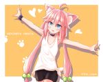  ahoge animal_ear_fluff animal_ears armpits arms_up bike_shorts cat_ears character_name choker commentary_request cowboy_shot hair_bobbles hair_ornament highres hinata_channel long_hair low_twintails nekomiya_hinata open_mouth outstretched_arms pink_hair shimodzuki_no_lapis shorts smile solo twintails vest virtual_youtuber watch white_vest wristwatch 
