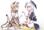  bare_shoulders belt bird_tail bird_wings black-tailed_gull_(kemono_friends) black_hair blonde_hair boots bow bowtie brown_hair commentary dress elbow_gloves eyebrows_visible_through_hair facing_another gloves head_wings kemono_friends long_hair looking_at_another multicolored_hair multiple_girls neckerchief ocelot_(kemono_friends) ocelot_ears ocelot_print ocelot_tail pantyhose paw_pose sailor_collar scarf shoes short_hair short_sleeves signature sitting skirt smile tatsuno_newo thighhighs vest wariza white_hair wings 