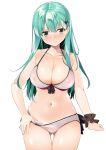  3: aqua_hair ass_visible_through_thighs bikini bikini_top blush breasts byte_(allbyte) cleavage closed_mouth collarbone covered_nipples cowboy_shot embarrassed green_eyes hair_between_eyes hair_ornament hairclip halterneck hand_under_clothes highres kantai_collection large_breasts long_hair looking_at_viewer navel pink_bikini pink_bikini_top side-tie_bikini sidelocks simple_background skindentation solo stomach straight_hair suzuya_(kantai_collection) sweatdrop swimsuit tan tanline thigh_gap white_background 