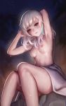  absurdres arm_behind_head armpits blue_eyes blue_hair blush breasts closed_mouth commentary_request highres lips looking_at_viewer medium_breasts multicolored_hair navel nipples nude rix2118 sdorica_-sunset- short_hair sione_aldric sitting solo towel two-tone_hair wet white_hair 