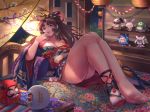  aoandon ass bai_lang bare_shoulders barefoot bed bell breasts brown_hair character_doll cleavage daruma_doll doll facial_mark feet finger_to_mouth floral_print hair_intakes hair_ribbon highres japanese_clothes kimono knees_up lantern legs_together long_hair looking_at_viewer lying medium_breasts night obi off_shoulder on_back onmyoji onmyouji open_mouth paper_lantern pentagram ponytail red_eyes ribbon sash shoes sidelocks single_shoe single_sock socks solo tabi toes ubume_(onmyoji) wide_sleeves yamausagi yougen_kitsune youtouhime 