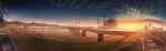  bridge cloud commentary_request day grass highres no_humans original outdoors panorama power_lines railroad_crossing railroad_tracks river road road_sign ruins scenery sign sky street sunset transmission_tower 