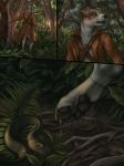  2018 anthro canine clothed clothing comic digital_media_(artwork) dog fur grey_fur male mammal myenia open_mouth pawpads paws red_lantern reptile rukis scalie snake solo 