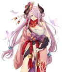  bare_shoulders draph flower granblue_fantasy hadanugi_dousa hair_flower hair_ornament hair_over_one_eye horns japanese_clothes k52 kengou_(granblue_fantasy) kimono lavender_hair narmaya_(granblue_fantasy) sarashi solo twintails 