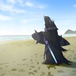  beach black_cloak blue_sky cloak commentary_request day fate/grand_order fate_(series) from_side holding holding_sword holding_weapon hood hooded_cloak horns king_hassan_(fate/grand_order) male_focus ocean outdoors sand sky solo spikes surfboard sword tomoyohi weapon 