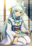  aqua_hair dragon_girl dragon_horns fate/grand_order fate_(series) horns japanese_clothes kimono kiyohime_(fate/grand_order) lap_pillow_invitation looking_at_viewer minamo25 obi sash seiza short_kimono sitting solo thighhighs white_legwear wide_sleeves yellow_eyes 