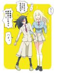  2girls :d black_hair blazer blonde_hair blush cardigan commentary female_pervert green_eyes jacket katou_asuka kneehighs kuroki_tomoko loafers locked_arms long_hair long_skirt multiple_girls necktie open_mouth pantyhose pervert school_uniform shoes skirt smile sparkle translated watashi_ga_motenai_no_wa_dou_kangaetemo_omaera_ga_warui! white_legwear yatsuo 