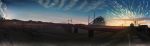  blue_sky bridge cloud commentary_request day grass highres no_humans original outdoors panorama power_lines railroad_crossing railroad_tracks river road road_sign ruins scenery sign sky street sunset transmission_tower 