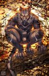  2018 anthro black_panther black_panther_(character) black_panther_(marvel) bulge cheetahpaws claws clothed clothing crouching feline glowing glowing_eyes male mammal marvel mask panther raining solo toe_claws tree wet yellow_eyes 