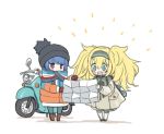  blue_eyes blue_hair casual chibi commentary crossover gambier_bay_(kantai_collection) gloves ground_vehicle jitome kantai_collection long_hair makishima_azusa map messy_hair motor_vehicle motorcycle multiple_girls open_mouth red_eyes scarf shima_rin simple_background tears twintails white_background yurucamp 