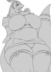  anthro belly big_breasts blush breasts clothed clothing dragon female greyscale hair horn kemono looking_at_viewer maid_uniform monochrome open_mouth scalie shirokoma slightly_chubby smile solo thick_thighs uniform 