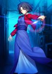  black_eyes black_hair blue_kimono eyebrows_visible_through_hair fur_trim highres holding holding_knife holding_weapon jacket japanese_clothes kara_no_kyoukai kimono knife looking_at_viewer night official_art open_clothes open_jacket outdoors red_jacket road ryougi_shiki short_hair solo standing street takeuchi_takashi unzipped waifu2x weapon 