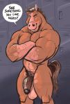  2018 ? anthro balls biceps brown_hair crossed_arms dramamine english_text equine flaccid hair horse humanoid_penis locker_room looking_at_viewer male mammal muscular muscular_male navel nude pecs penis saggy_balls solo speech_bubble standing text vein 