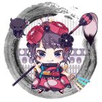  animal bangs black_footwear black_kimono blush calligraphy_brush chibi commentary_request eyebrows_visible_through_hair fate/grand_order fate_(series) grin hair_bun hair_ornament holding holding_paintbrush ink itotin japanese_clothes katsushika_hokusai_(fate/grand_order) kimono long_sleeves looking_at_viewer obi octopus oversized_object paintbrush print_kimono purple_eyes purple_hair sash short_hair smile socks solo standing tokitarou_(fate/grand_order) v-shaped_eyebrows white_legwear wide_sleeves 